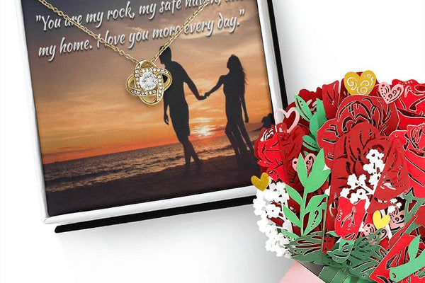"Endless Love: Love Knot Necklace & Flower Bouquet Bundle for Wife"