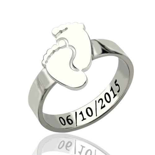 Engraved Baby Feet Ring For Mom Sterling Silver