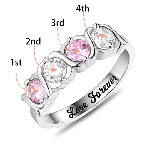 Custom 4 Birthstones Hugs and Kisses XoXo Ring Sterling Silver