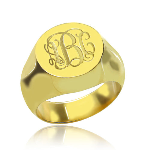 Engraved Circle Monogram Signet Ring 18K Gold Plated Jewelry Treasures