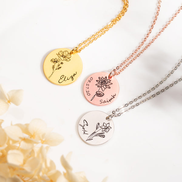 Engraved Birth Flower Disc Necklace Jewelry Treasures