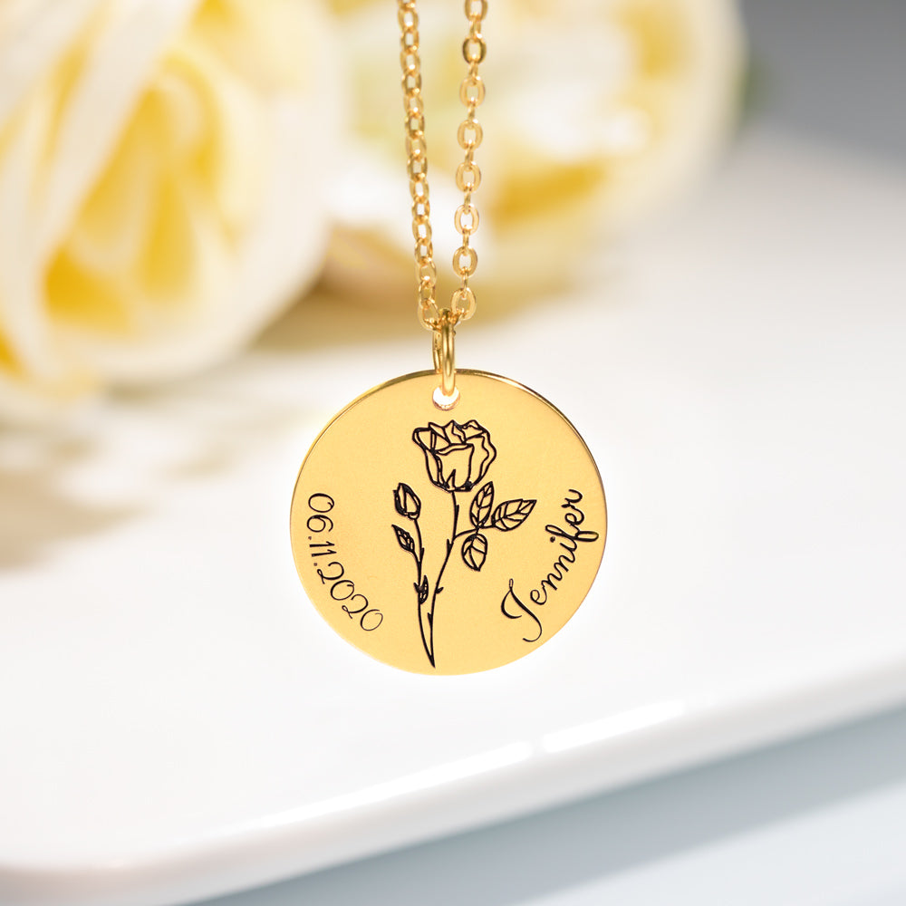 Engraved Birth Flower Disc Necklace Jewelry Treasures