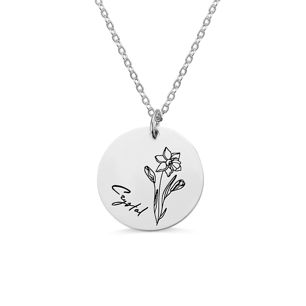 Engraved Birth Flower Disc Necklace Jewelry Treasures