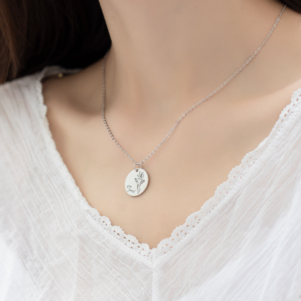 Engraved Birth Flower Disc Necklace Jewelry Treasures