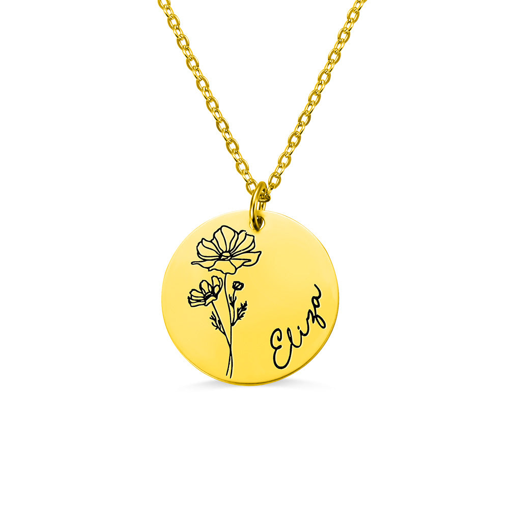 Engraved Birth Flower Disc Necklace Jewelry Treasures