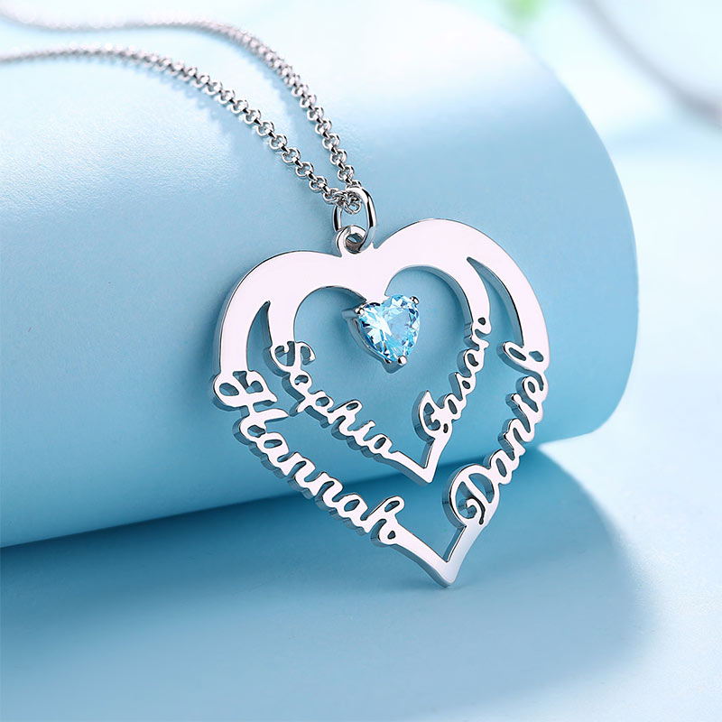 Personalized Heart Necklace with 4 Names & Birthstones in Gold Jewelry Treasures