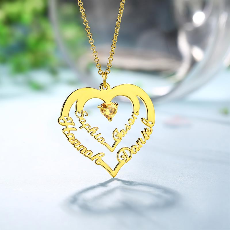 Personalized Heart Necklace with 4 Names & Birthstones in Gold Jewelry Treasures