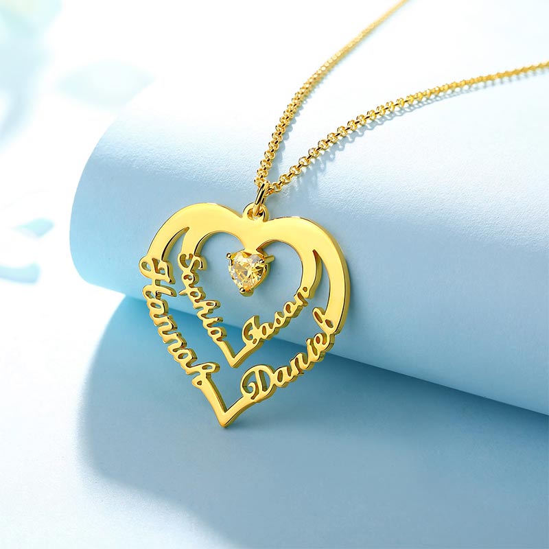 Personalized Heart Necklace with 4 Names & Birthstones in Gold Jewelry Treasures