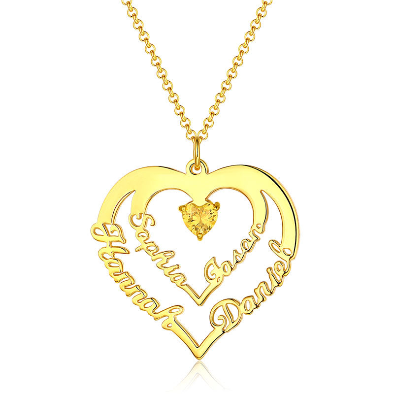 Personalized Heart Necklace with 4 Names & Birthstones in Gold Jewelry Treasures