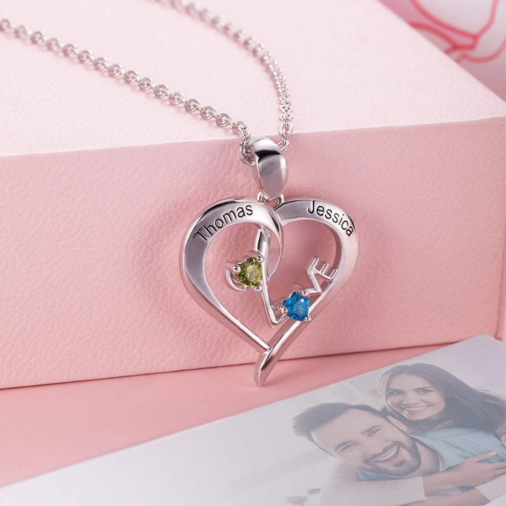 Customizable Heart-Shaped Name Necklace With Birthstones Jewelry Treasures