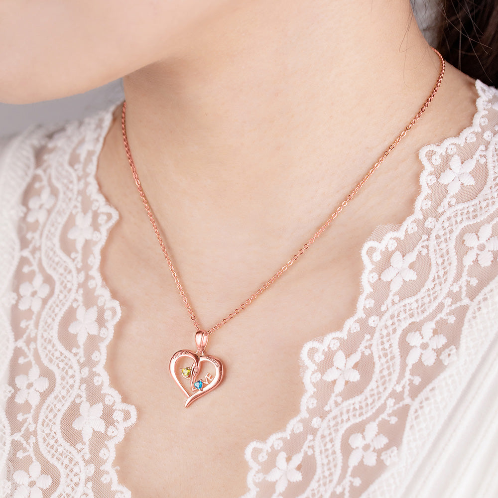 Customizable Heart-Shaped Name Necklace With Birthstones Jewelry Treasures