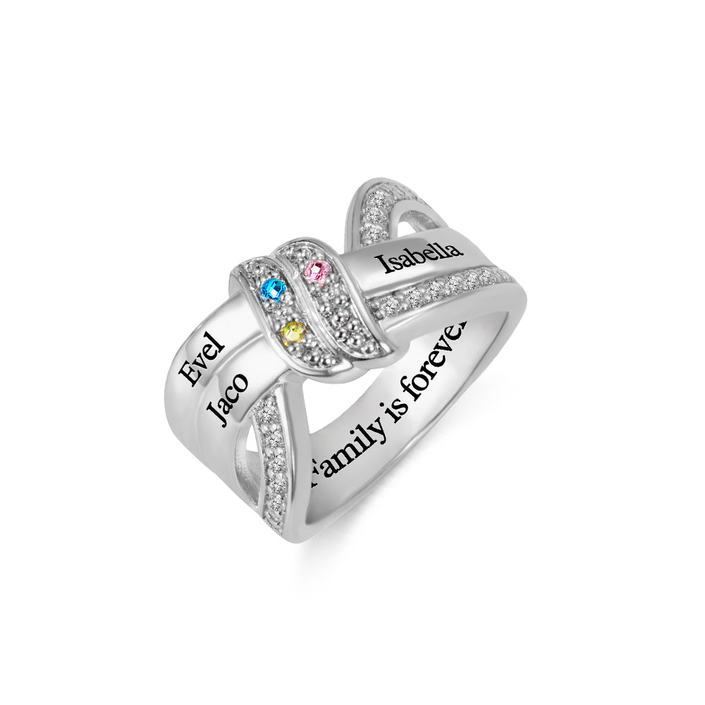 Engraved 3 Names and Birthstones Ribbon Ring with Easy to Read Font