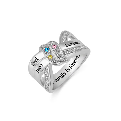 Engraved 3 Names and Birthstones Ribbon Ring with Easy to Read Font