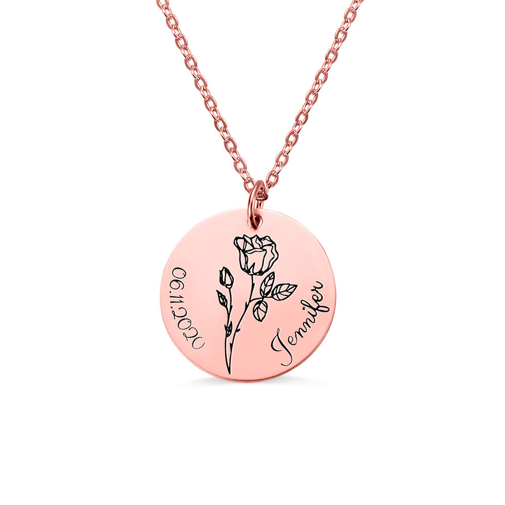 Engraved Birth Flower Disc Necklace Jewelry Treasures