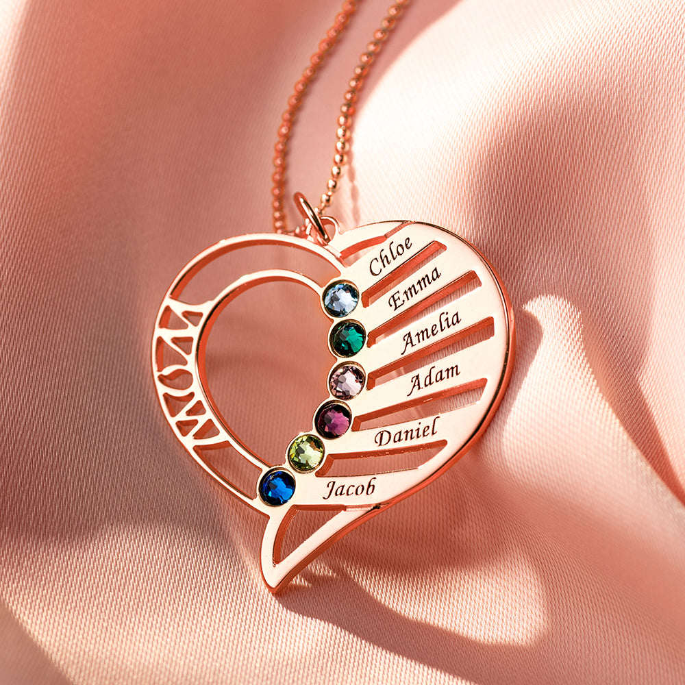 Engraved Heart Mother Birthstones Necklace Sterling Silver Jewelry Treasures