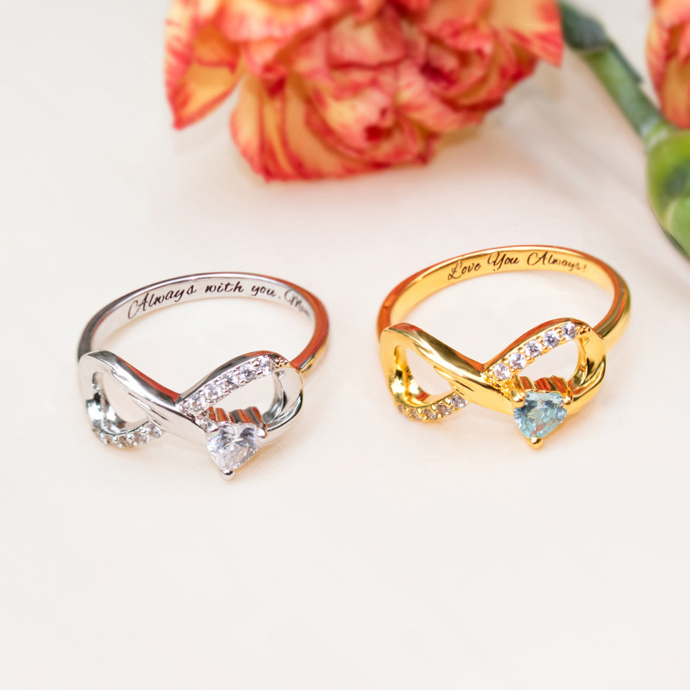 Personalized Infinity Ring with Heart Birthstone Brass