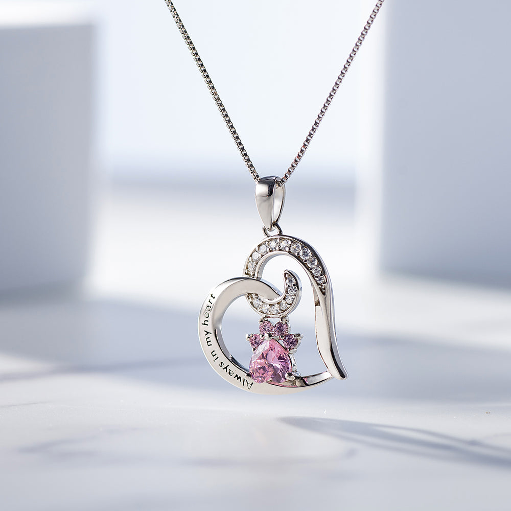 Engraved "Always in My Heart" Paw Print Birthstone Memorial Necklace Jewelry Treasures