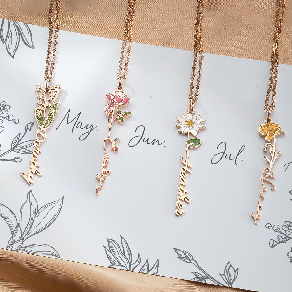 Personalized Birth Flower Name Necklace Jewelry Treasures