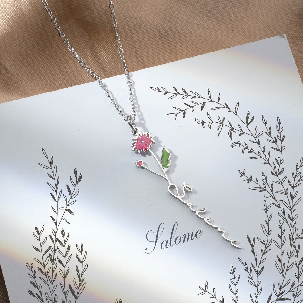 Personalized Birth Flower Name Necklace Jewelry Treasures