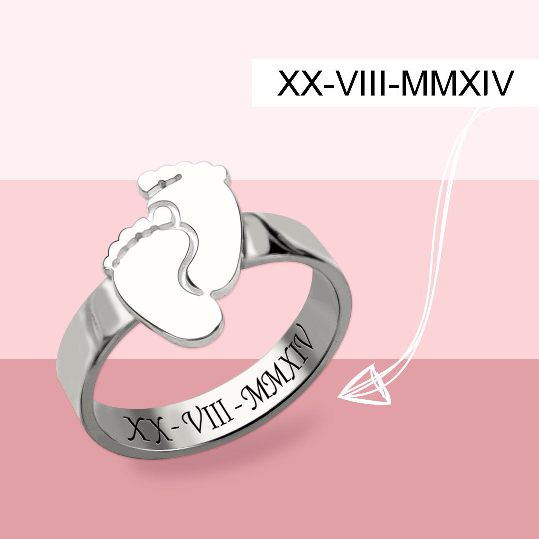 Engraved Baby Feet Ring For Mom Sterling Silver