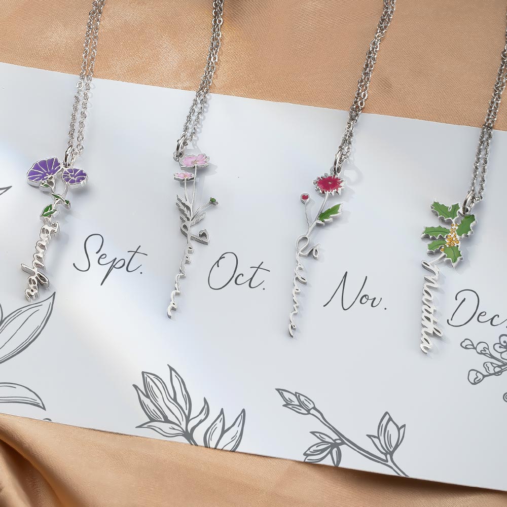 Personalized Birth Flower Name Necklace Jewelry Treasures