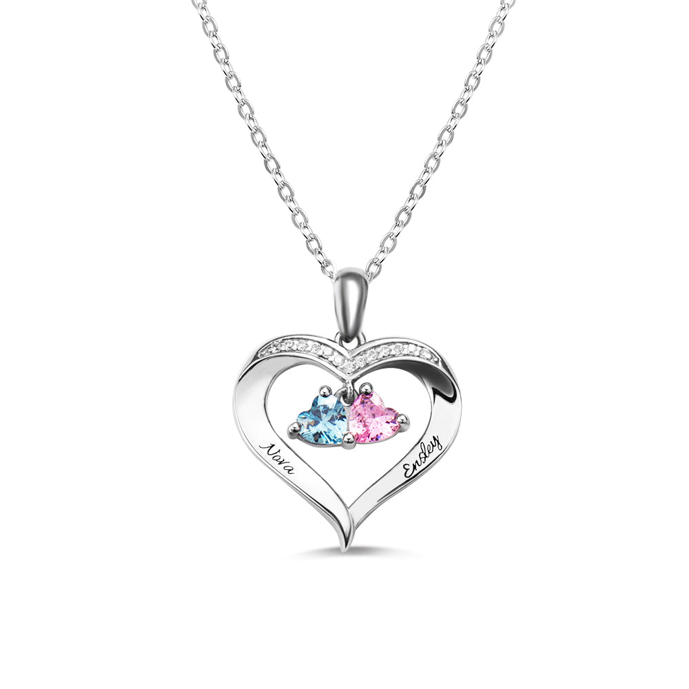 Personalized 2 Heart Birthstone Necklace with Engraving Jewelry Treasures