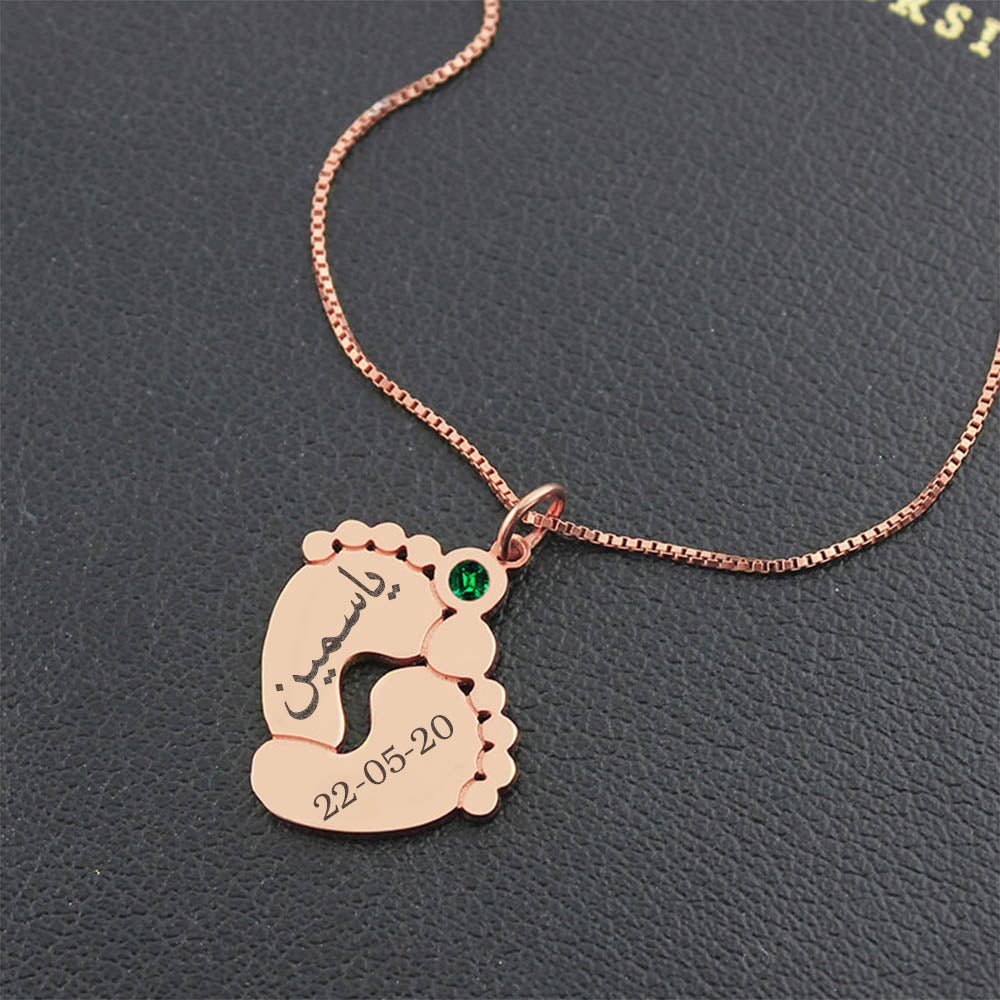 Personalized Arabic Baby Feet Birthstone Necklace Jewelry Treasures