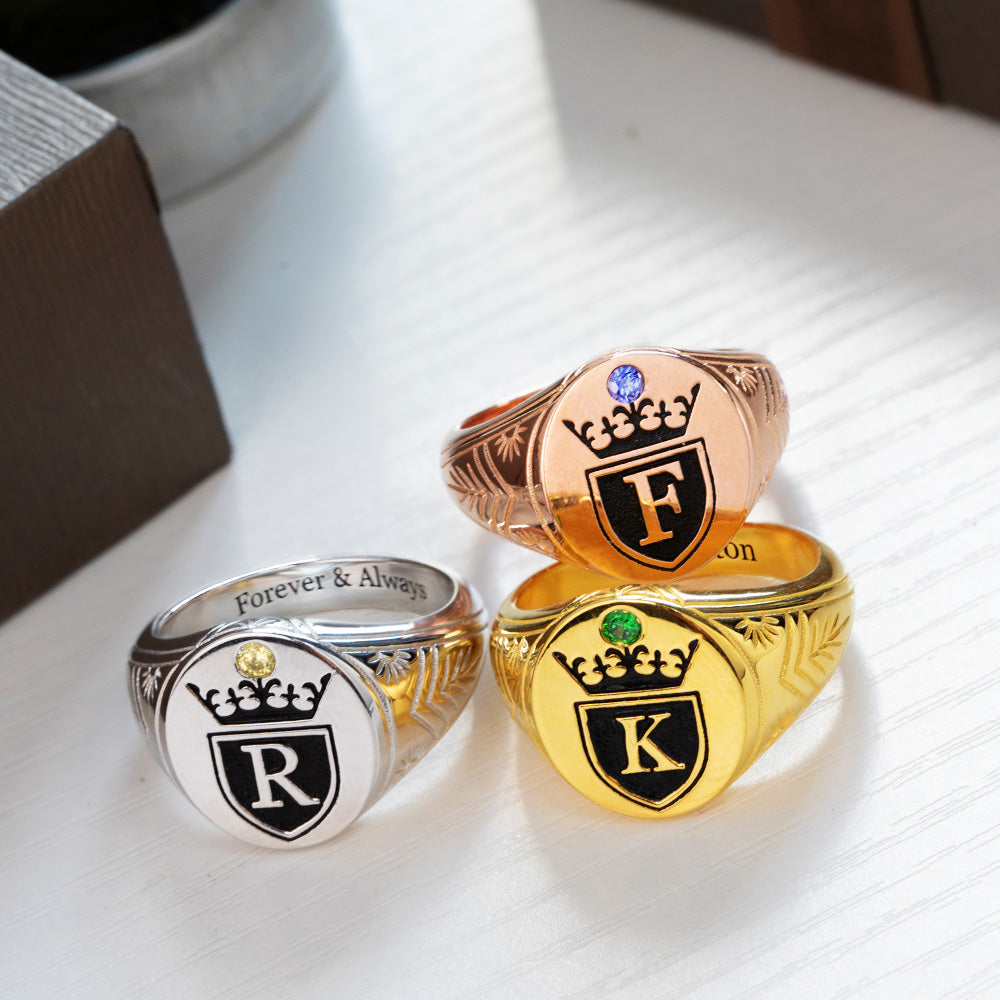 Personalized Crown Letter and Birthstone Signet Rings Gift Cards Set