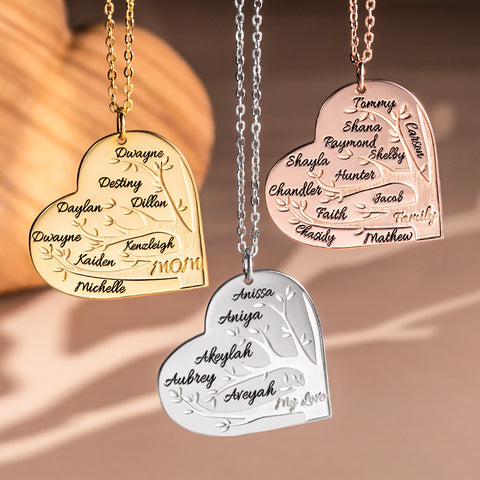 Personalized 1-12 Names Heart Family Tree Necklace Sterling Silver Jewelry Treasures