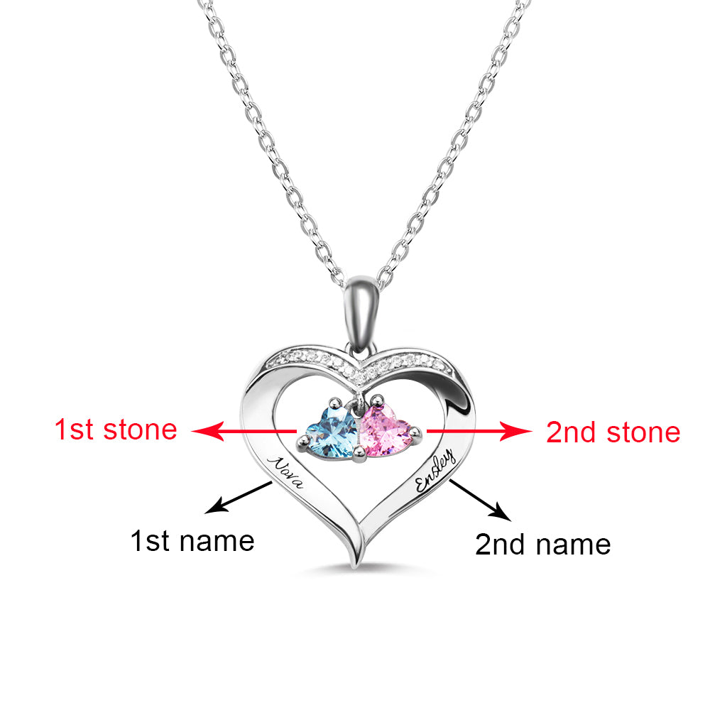 Personalized 2 Heart Birthstone Necklace with Engraving Jewelry Treasures