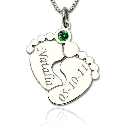 Baby Feet Birthstone and Name Necklace Gift Card & Box Set For Women