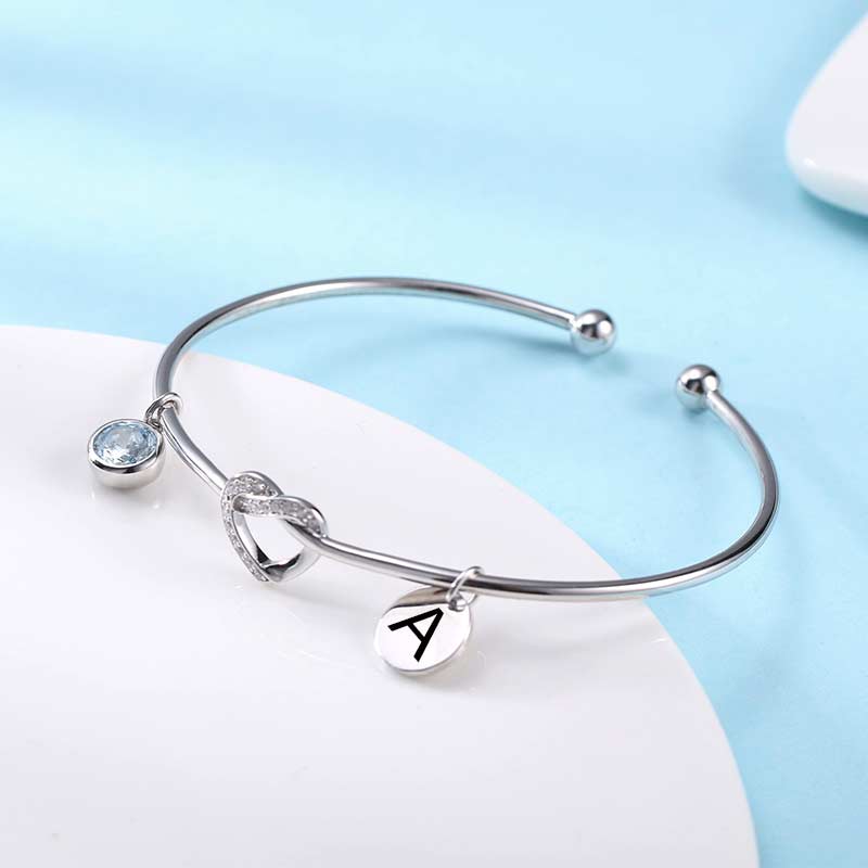 Engraved Heart Bangle with Birthstone in Silver Jewelry Treasures