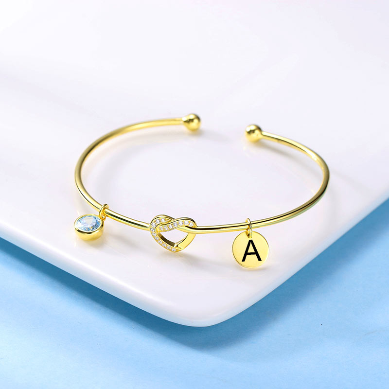 Engraved Heart Bangle with Birthstone in Silver Jewelry Treasures