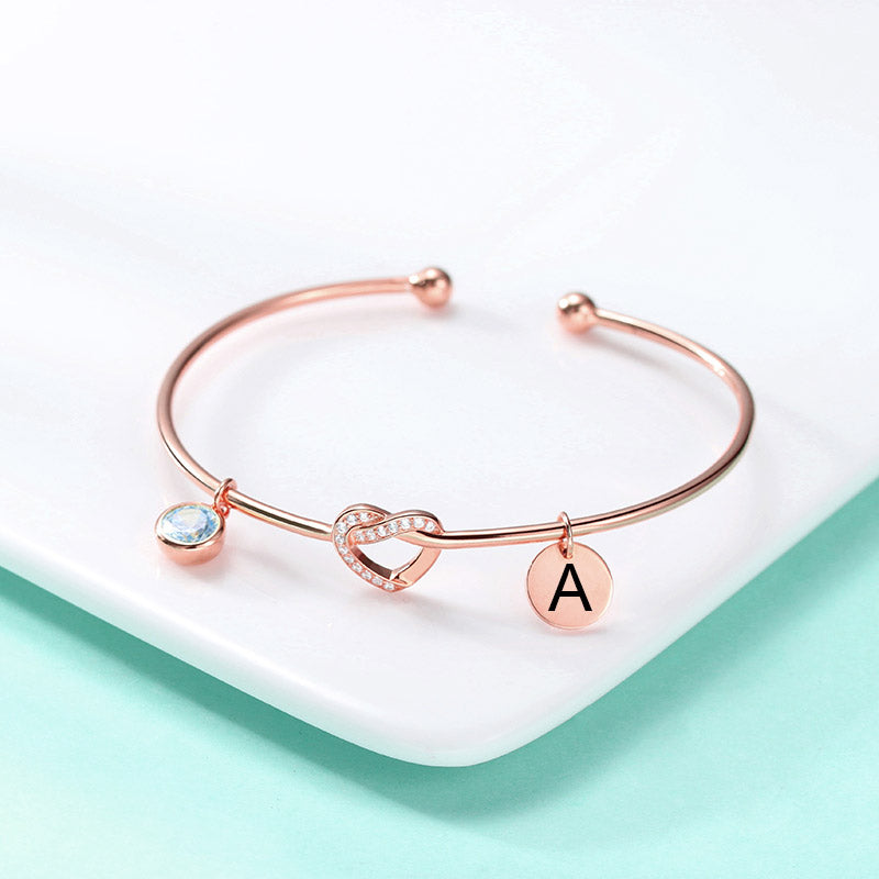 Engraved Heart Bangle with Birthstone in Silver Jewelry Treasures