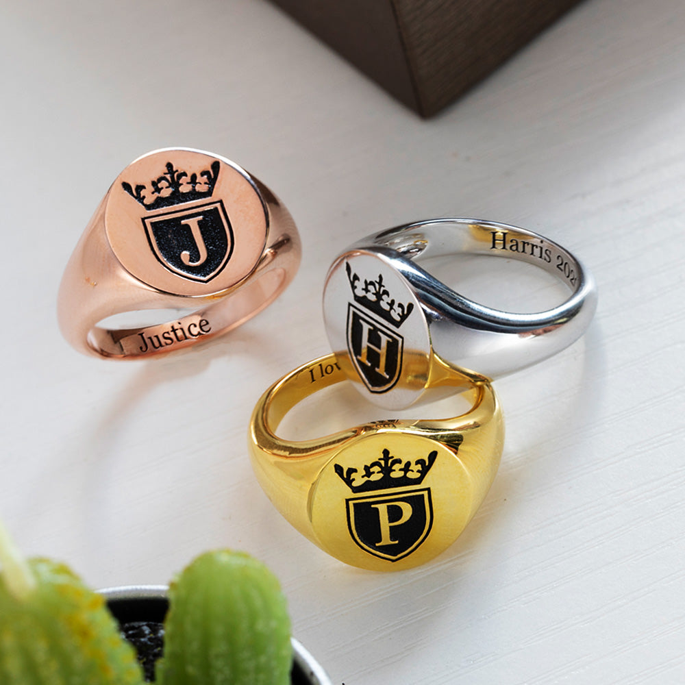 Personalized Initial Engraved Signet Ring with a Crown for Man Jewelry Treasures