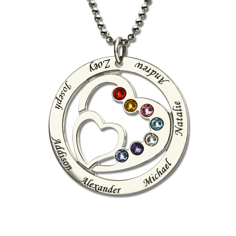 Personalized Heart in Heart Birthstone Name Necklace Silver Jewelry Treasures