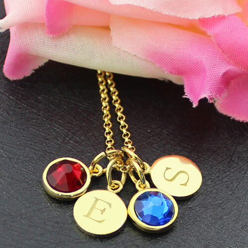 Personalized Double Initial Charm Necklace with Birthstones Jewelry Treasures