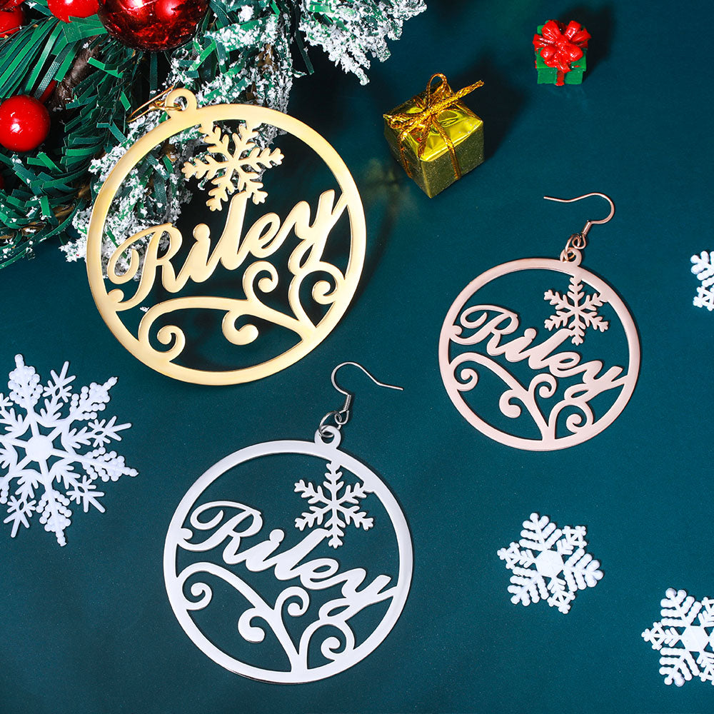 Personalized Christmas Name Hoop Earrings Snowflake