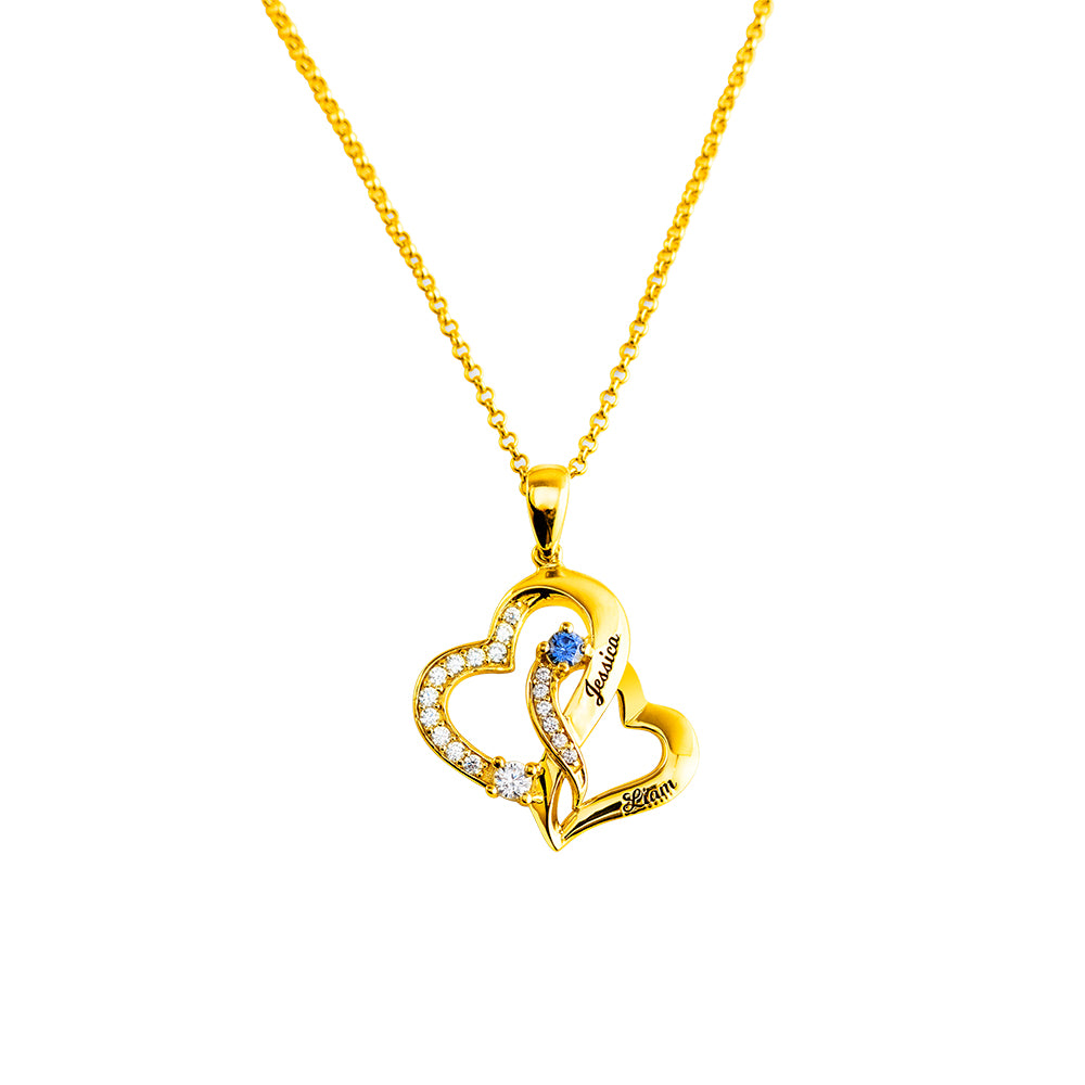 Double Heart with 2 Names and Birthstones Necklace Gift Card & Box Set