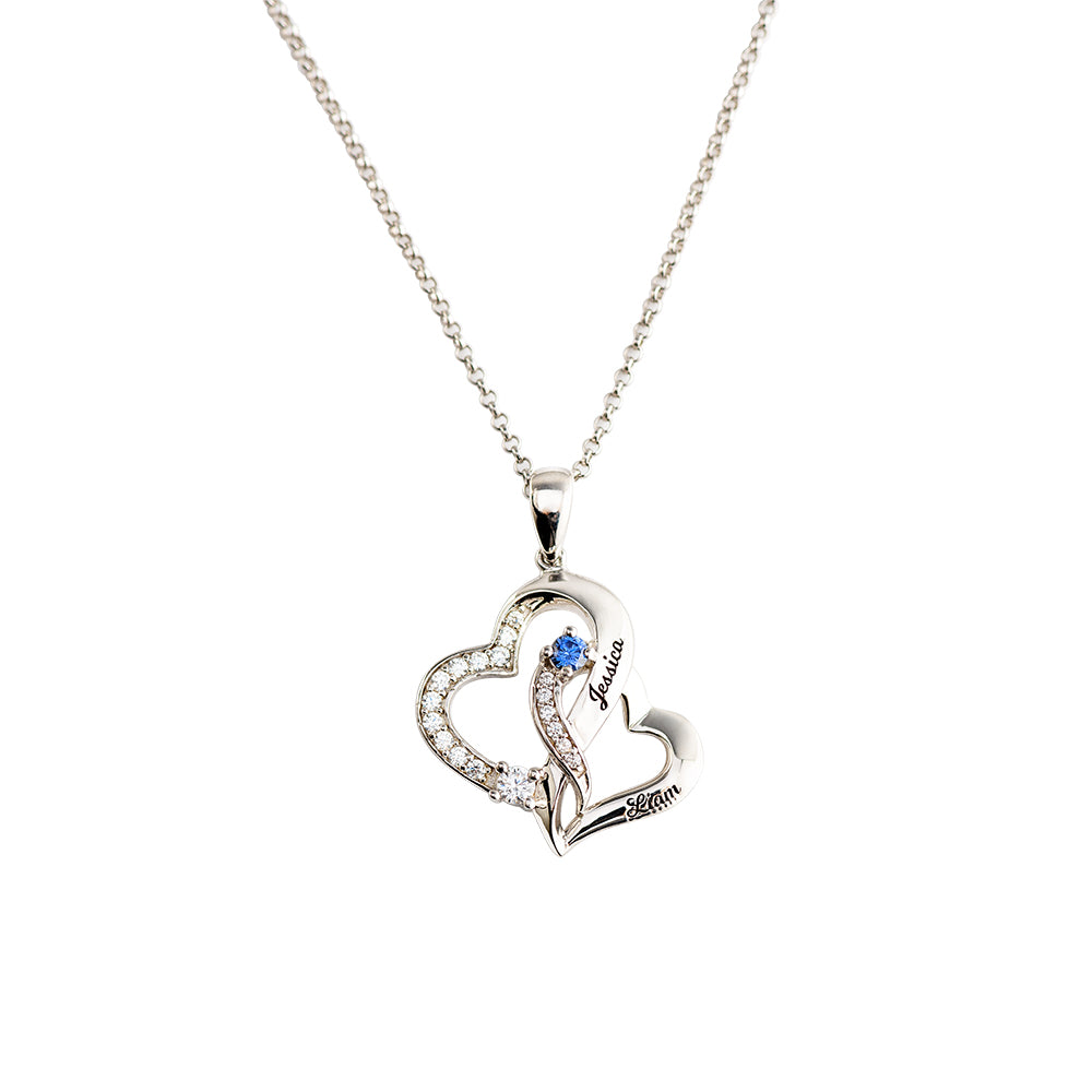 Double Heart with 2 Names and Birthstones Necklace Gift Card & Box Set