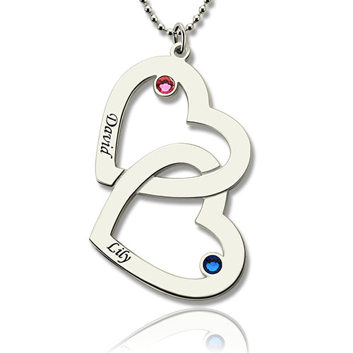 Double Heart Necklace with 2 Names & Birthstones Sterling Silver Jewelry Treasures