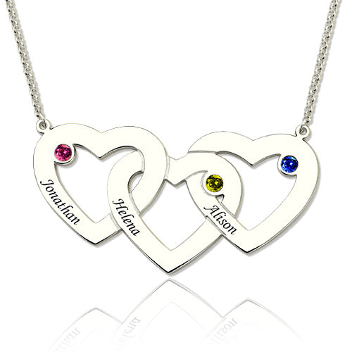 Intertwined 3 Hearts & Birthstones Name Necklace Jewelry Treasures