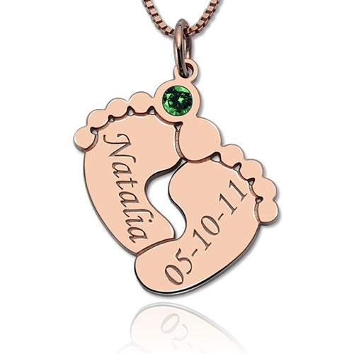 Silver Engraved Baby Feet Necklace with Personalized Birthstone Jewelry Treasures