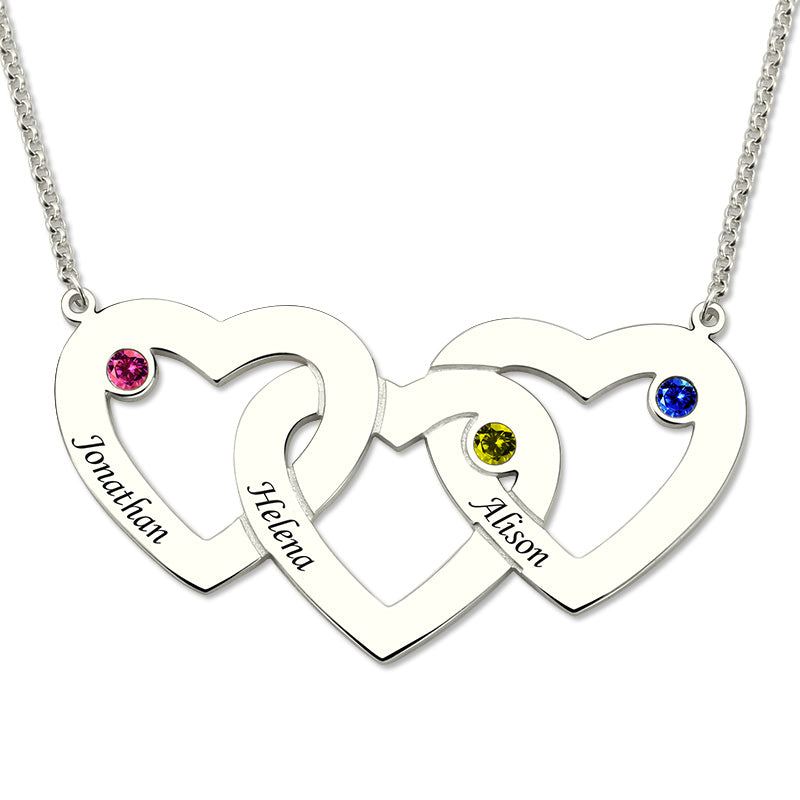 Intertwined 3 Hearts & Birthstones Name Necklace Jewelry Treasures