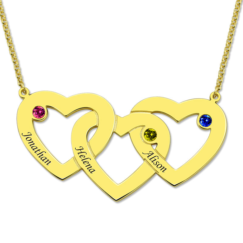 Intertwined 3 Hearts & Birthstones Name Necklace Jewelry Treasures