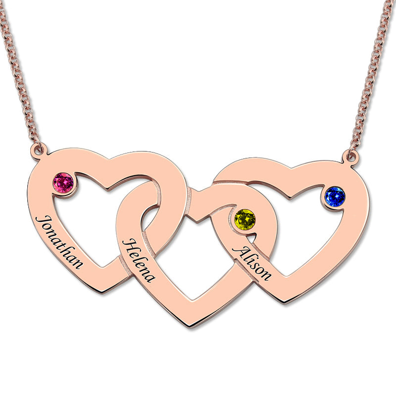 Intertwined 3 Hearts & Birthstones Name Necklace Jewelry Treasures