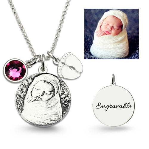 Birthstone Photo-Engraved Necklace with Baby Feet Sterling Silver Jewelry Treasures