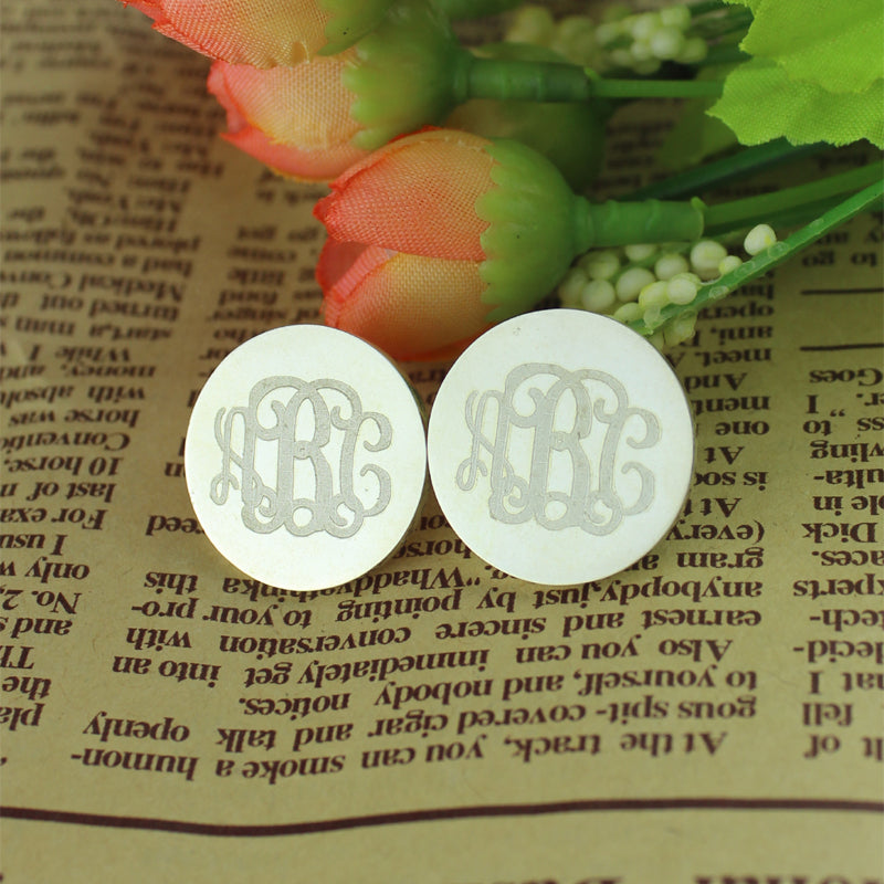 Engraved Disc Monogram Stud Earrings Sterling Silver