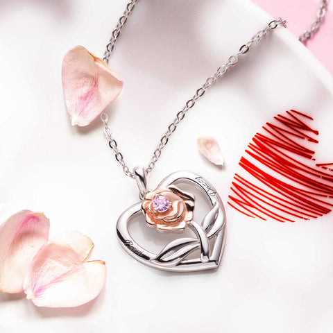 Personalized Rose Heart Necklace with Birthstone Sterling Silver Jewelry Treasures