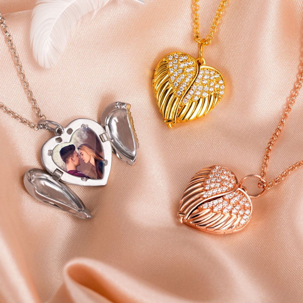 Personalized Angel Wings Heart Photo Locket Necklace Sterling Silver Jewelry Treasures